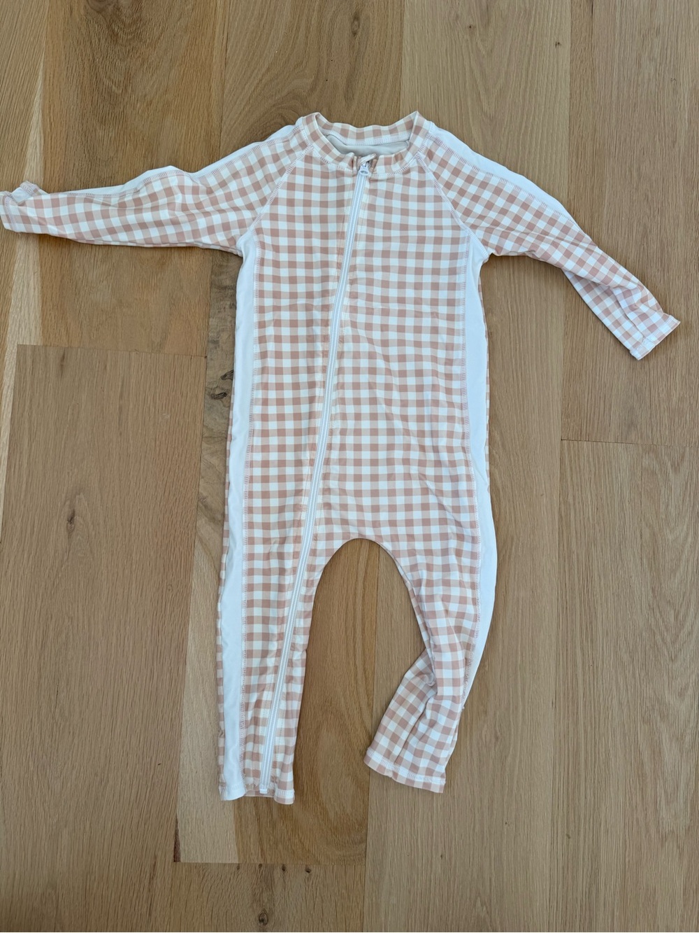Kids Long-Sleeve Zip Rashguard One-Piece in Light Pink Gingham 3/4T